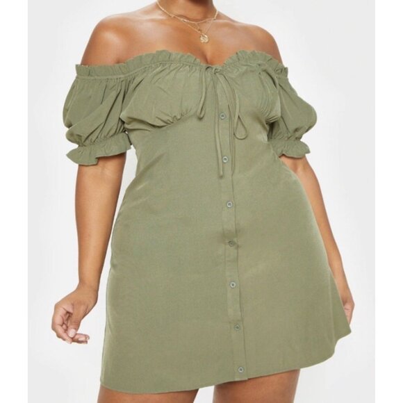 Prettylittlething Shift Dress Womens Size 18 Khaki Green Barbot Button Front - Picture 1 of 7